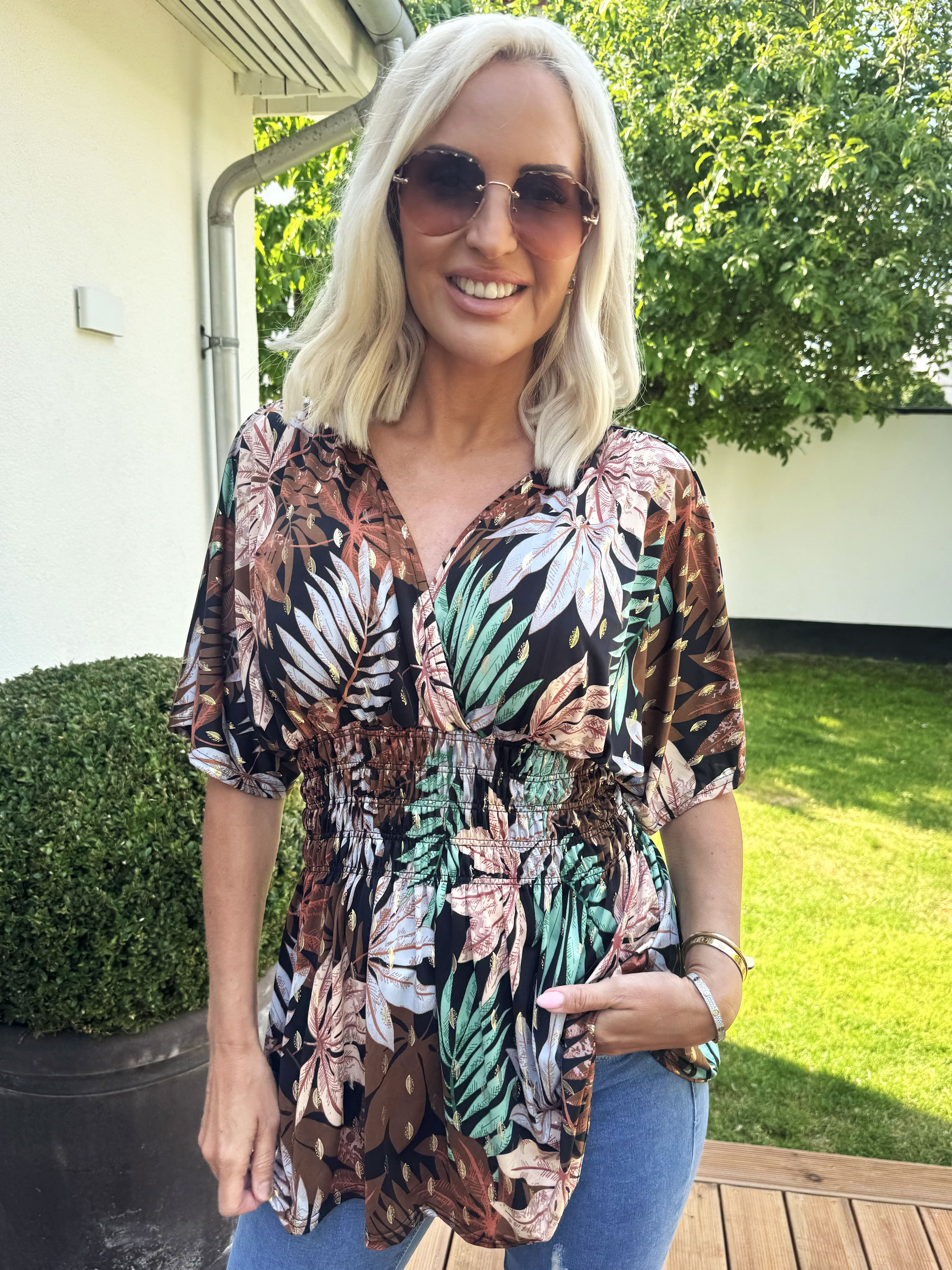 Pams Leaf Shirt S/S - Sød tunika i blomsterprint med smock